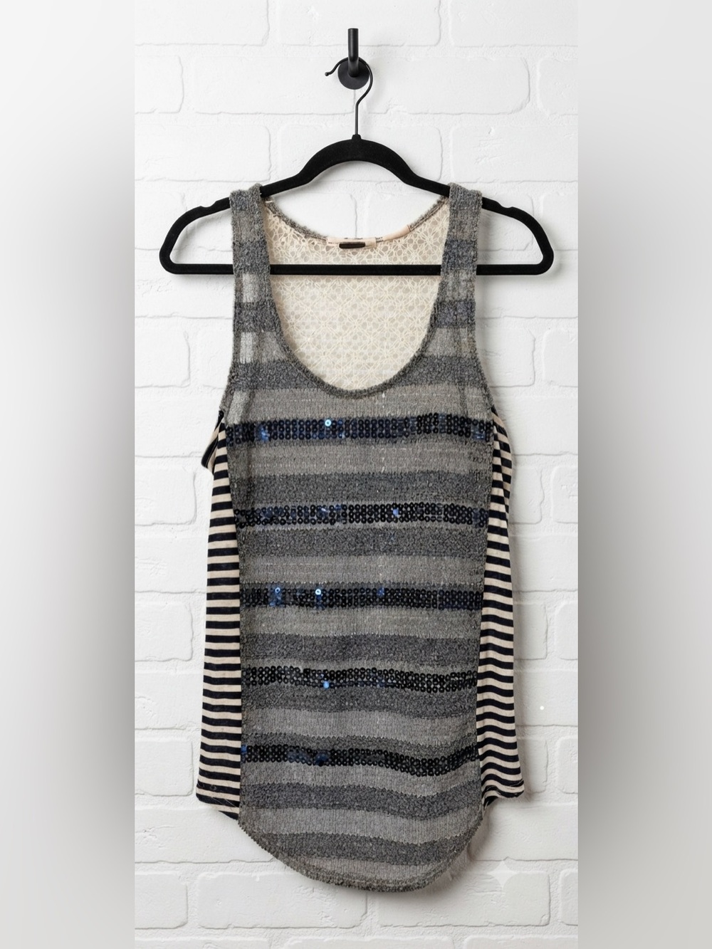 Miss Me Blue and Gray Striped Sequin Tank Top